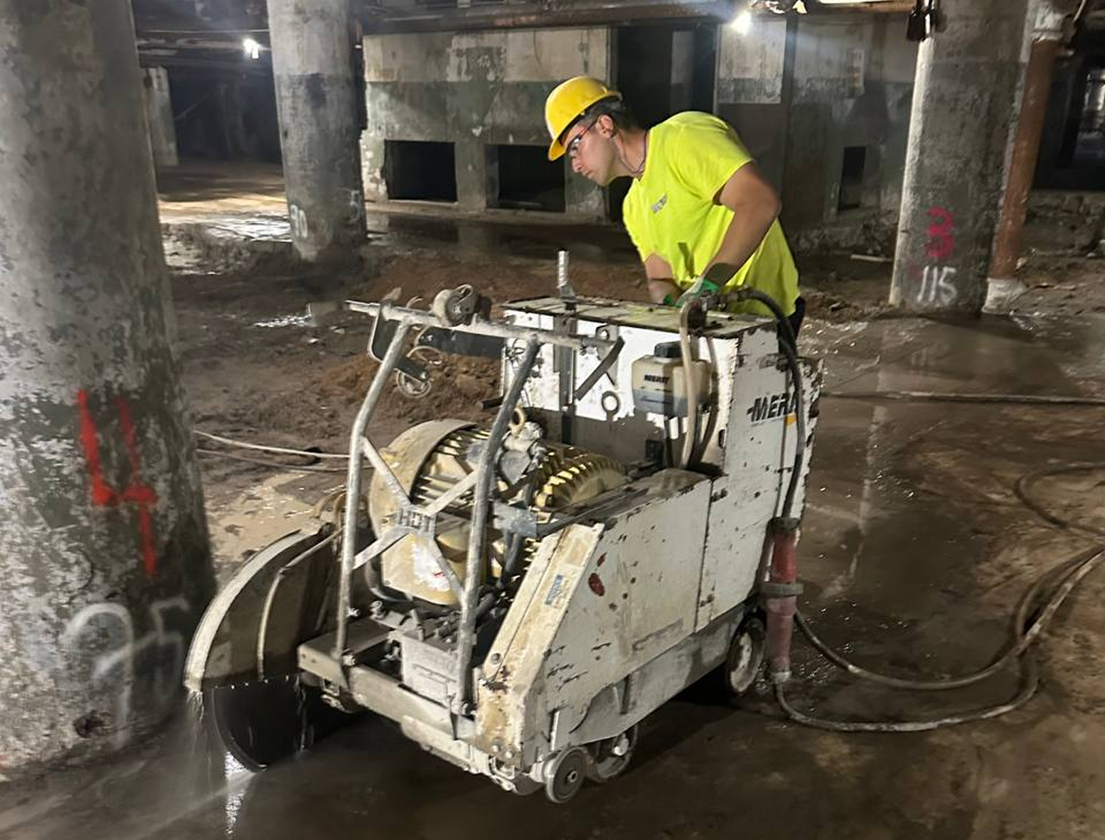 Slab cutting with walk-behind concrete saw